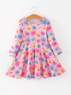Toddler Girls Valentine Dress – Colorful Candy Heart Print Outfit