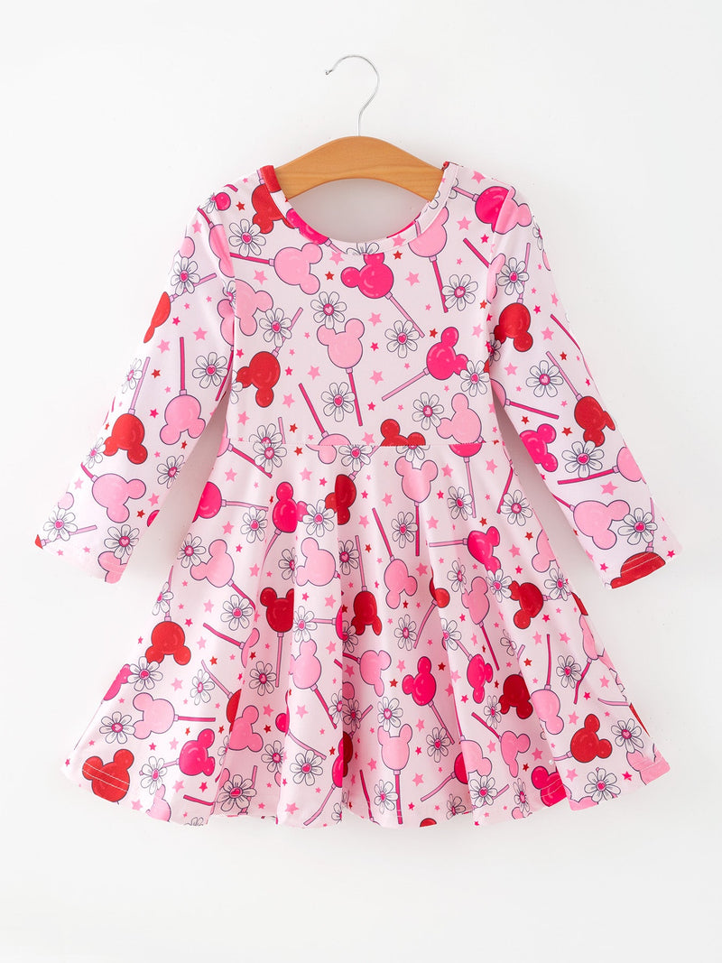 Valentine Dress for Girls – Pink Dress with Daisy & Lollipop Print