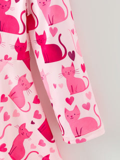Valentine Toddler Girls Pink Cat Dress – Long Sleeve Heart Print Outfit