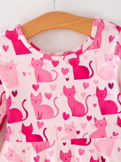 Valentine Toddler Girls Pink Cat Dress – Long Sleeve Heart Print Outfit