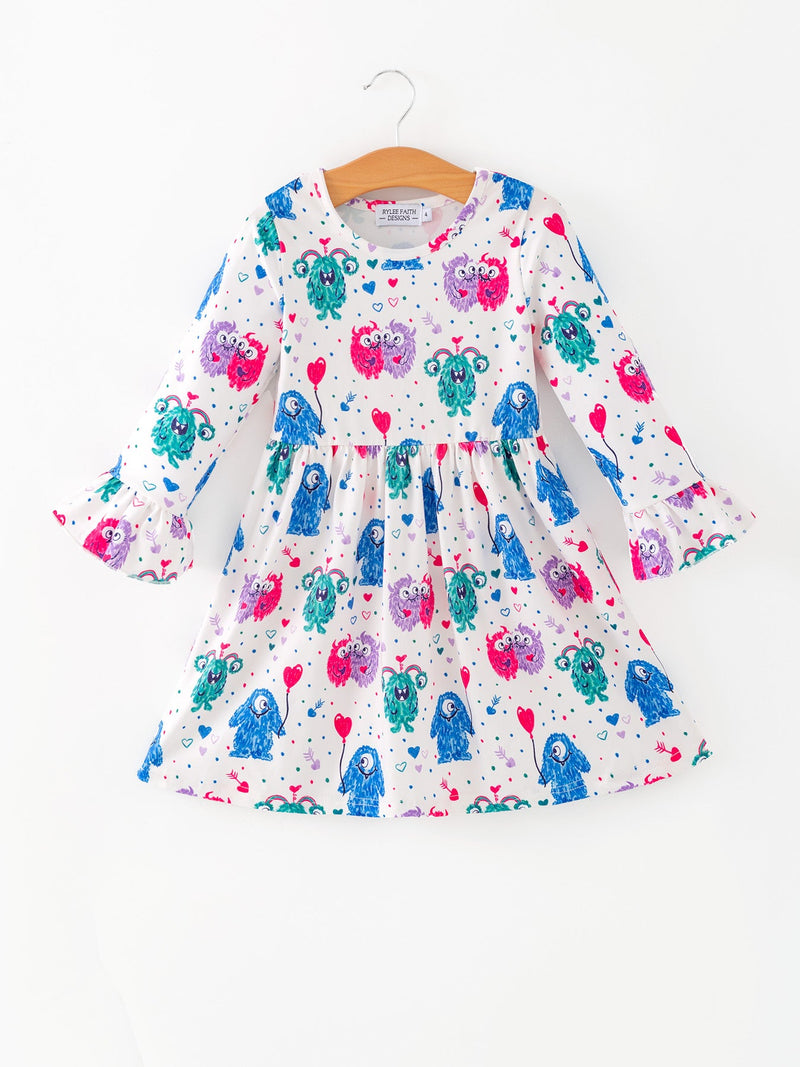Toddler Girls Valentine Dress – Colorful Monster Balloon Print