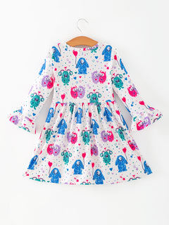Toddler Girls Valentine Dress – Colorful Monster Balloon Print