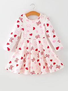 Toddler Girls Valentine Bow Heart Shape Print Dress