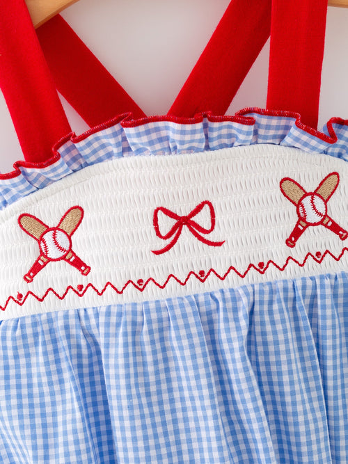 Baby Girls Baseball Smocked Romper – Blue Plaid Summer Outfit