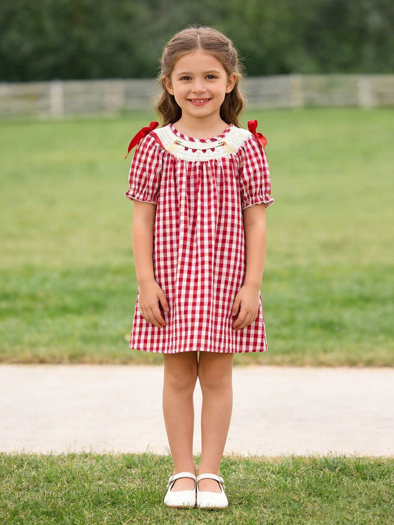 Valentine Red Plaid Dress with Smocked Heart Dog Detail and Bows