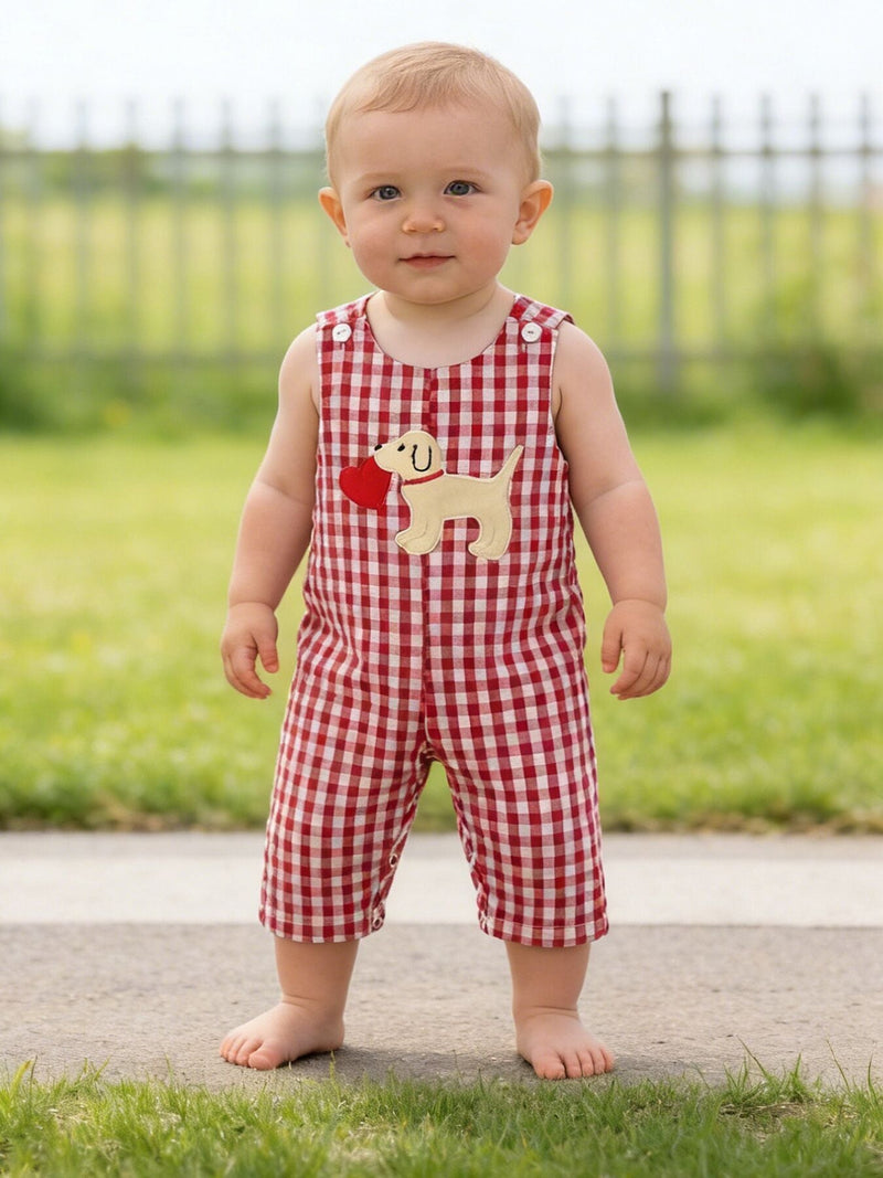 Valentine Red Plaid Boys Romper with Applique Heart Dog Detail