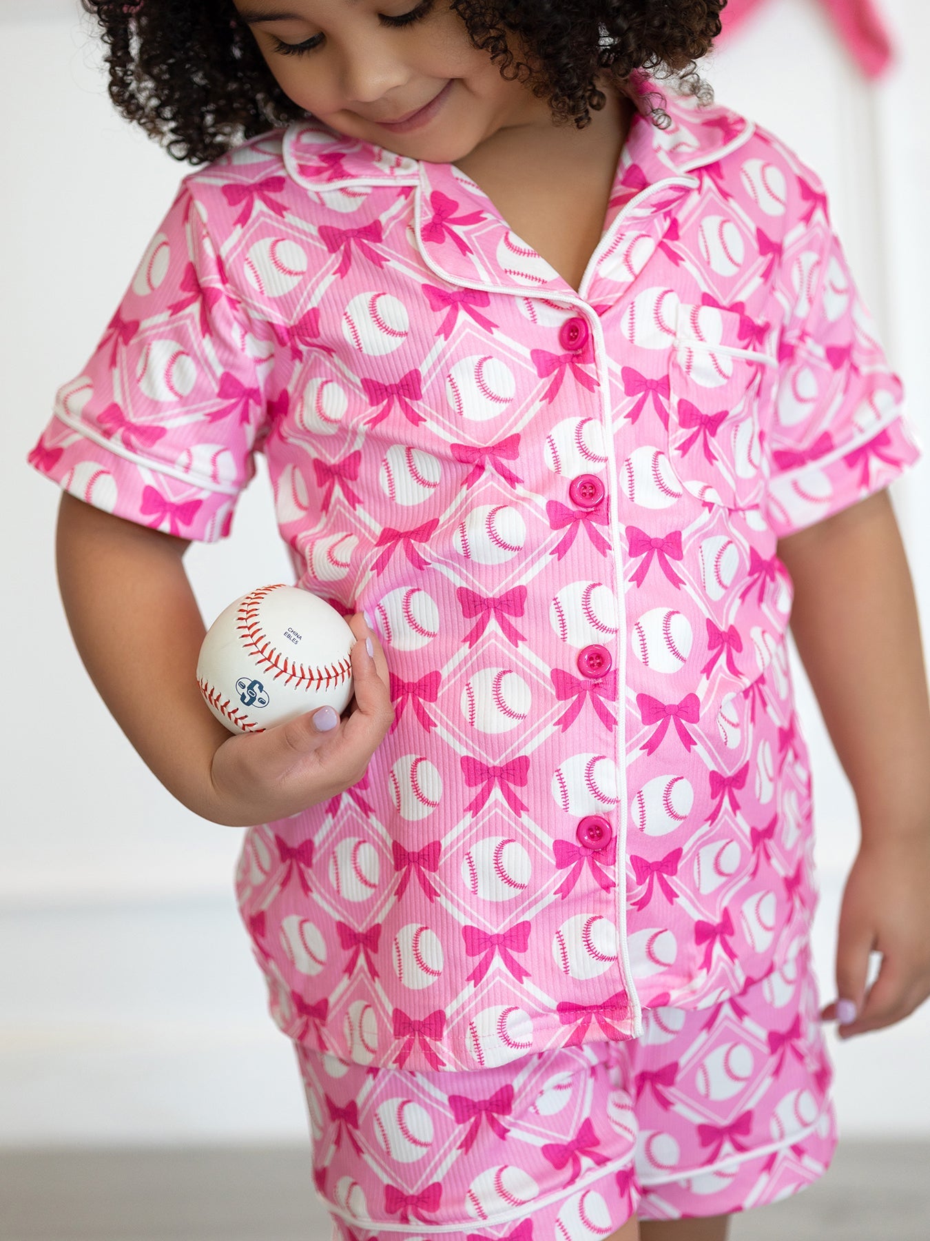 Girls Baseball Bow Print Pajama Set Short Sleeve Pink
