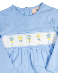 Baby Rattle Smocked Knit Onesie In Blue