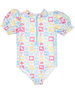 Coastal Stamps Puff Sleeve One Piece- FINAL SALE