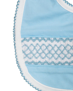 Geometric Smocked Blue Knit Bib- FINAL SALE