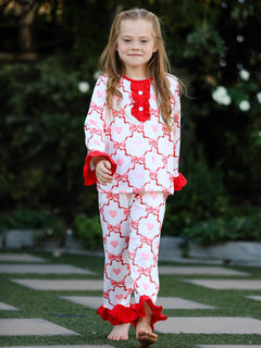 Valentine’s Day Girl Set with Heart Print and Red Ruffle Details