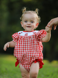 Red Cherry Bow Plaid Smocking Embroidery Girls' Romper