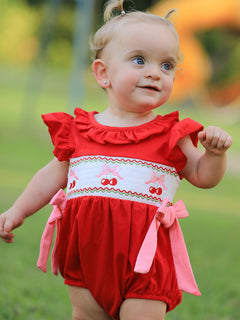 Red Cherry Bow Smocking Embroidery Girls' Romper