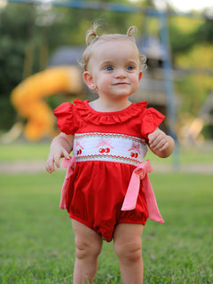 Red Cherry Bow Smocking Embroidery Girls' Romper