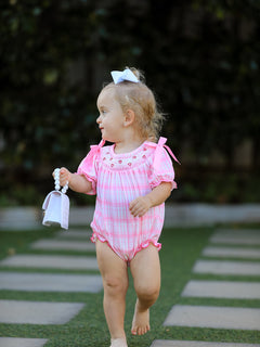 Valentine's Day Pink Plaid Smocked Heart Embroidery Girls Romper