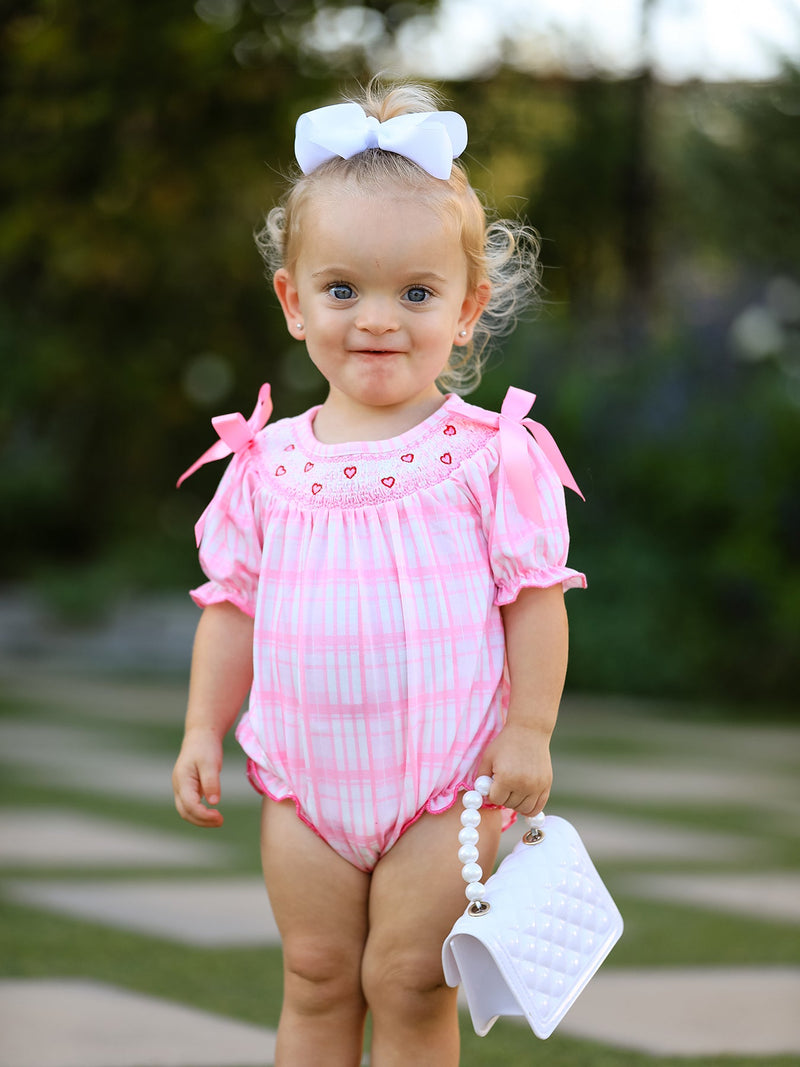 Valentine's Day Pink Plaid Smocked Heart Embroidery Girls Romper