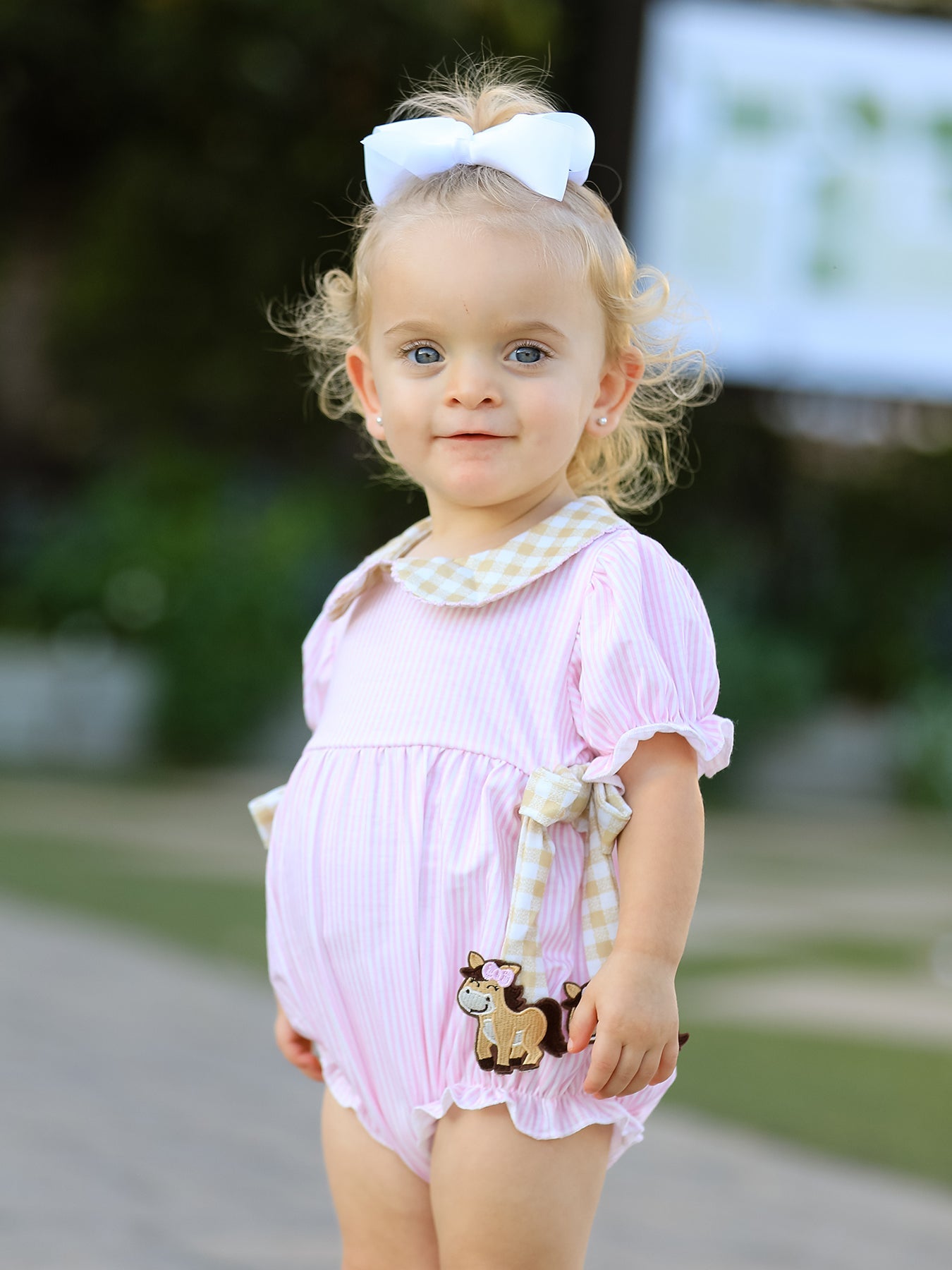 Farm Horse Bow Baby Girls Romper – Pink Plaid
