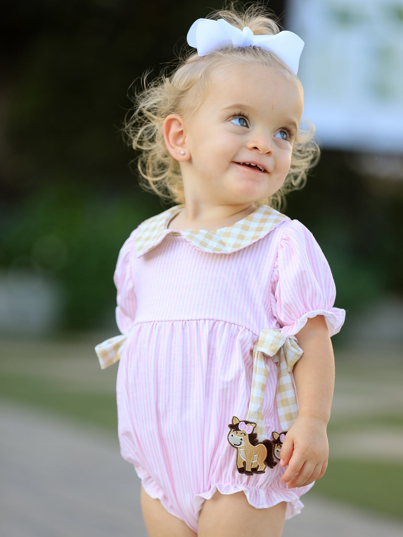 Farm Horse Bow Baby Girls Romper – Pink Plaid