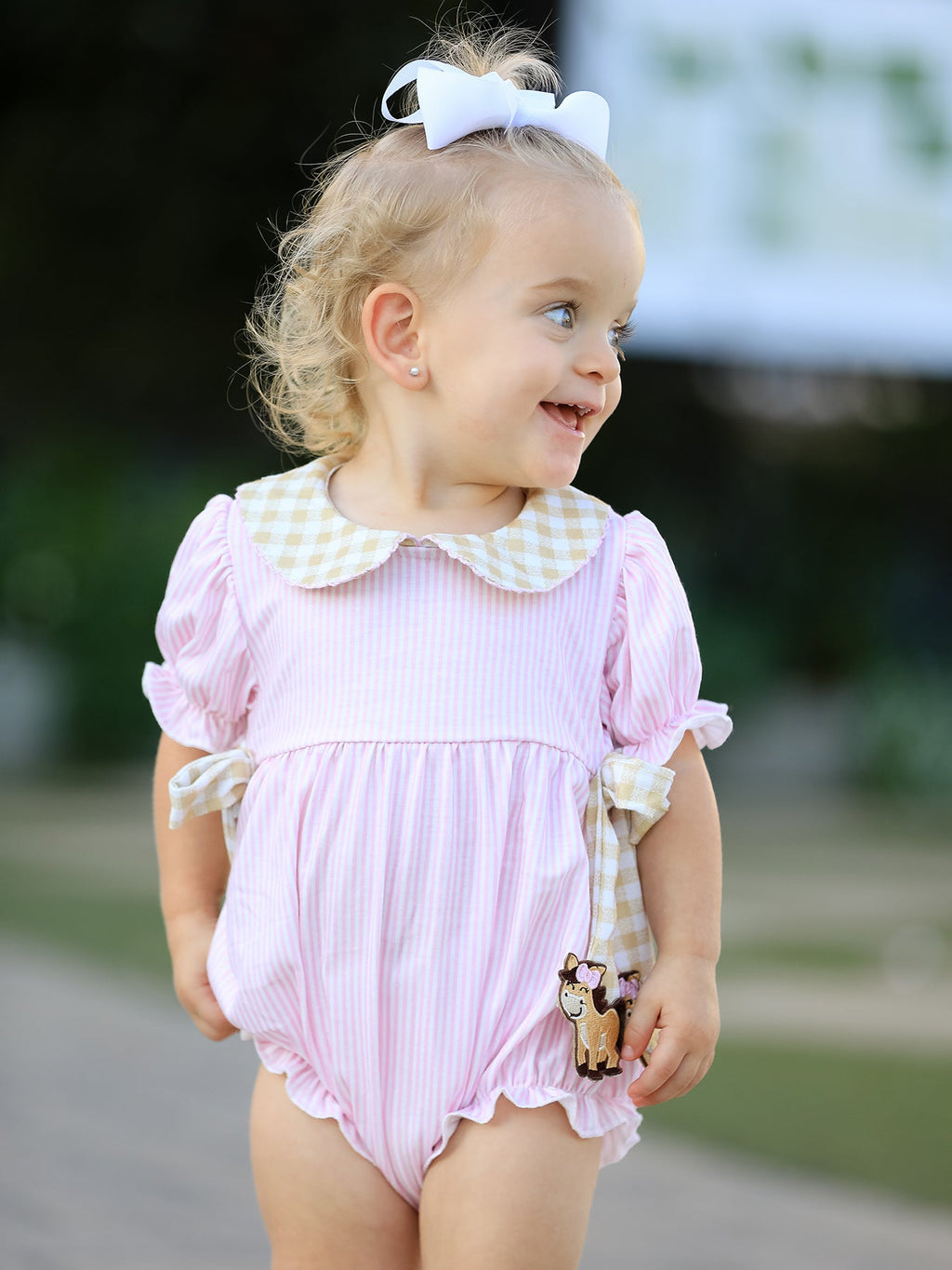 Farm Horse Bow Baby Girls Romper – Pink Plaid