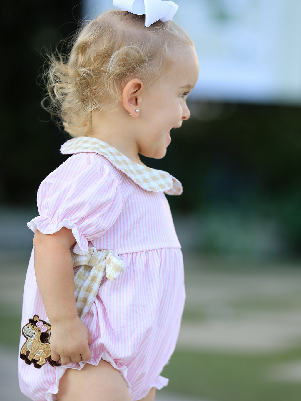 Farm Horse Bow Baby Girls Romper – Pink Plaid