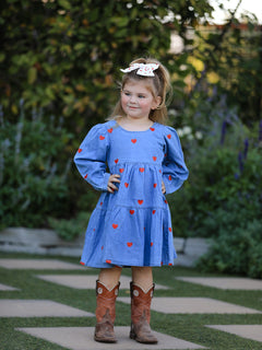 Denim Heart Dress for Girls – Long Sleeve Valentine Outfit