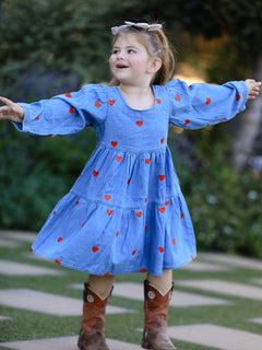 Denim Heart Dress for Girls – Long Sleeve Valentine Outfit