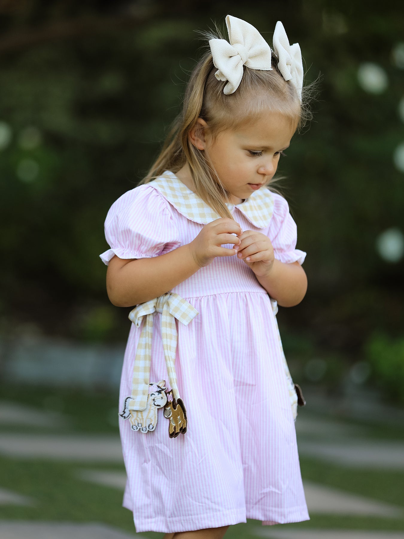 Farm Horse Bow Girls Dress – Pink Stripes