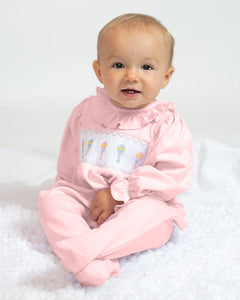Baby Rattle Smocked Knit Onesie In Pink