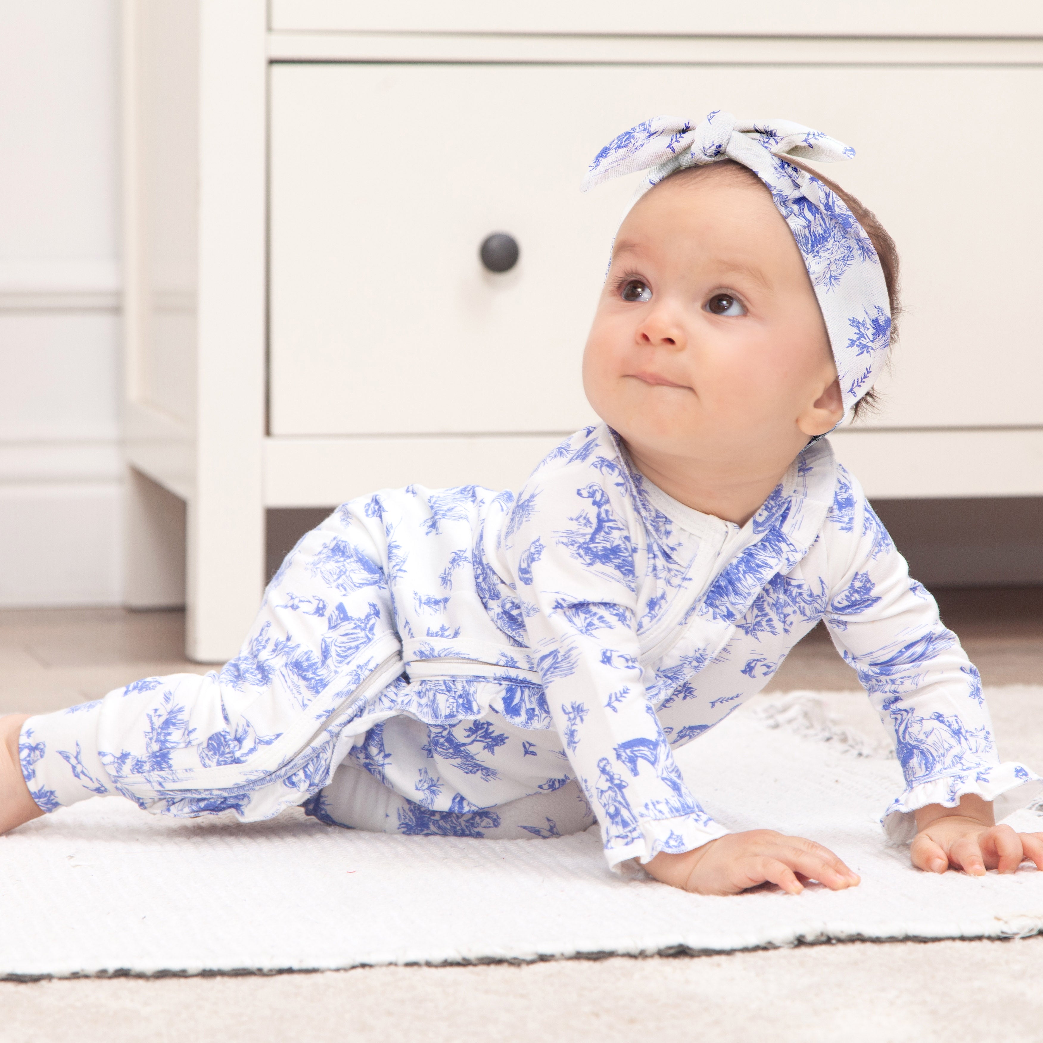 Baby Girl Toile de Jouy Bamboo Zipper Romper - Mommy and Me